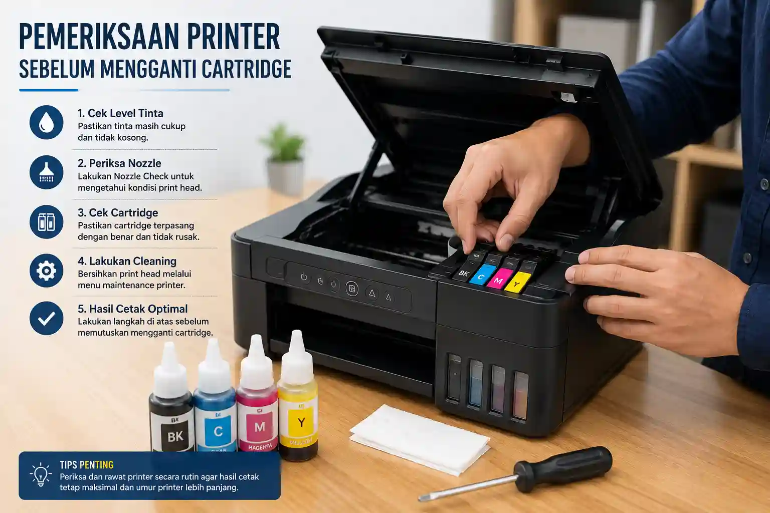 Pemeriksaan printer untuk mengetahui penyebab tinta printer tidak keluar sebelum mengganti cartridge.