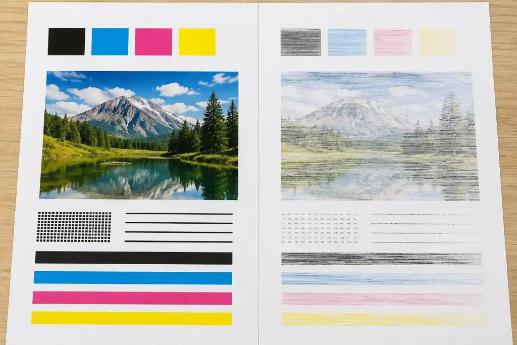 Perbandingan hasil cetak printer normal dengan hasil cetak bergaris akibat tinta printer tidak keluar atau nozzle tersumbat.